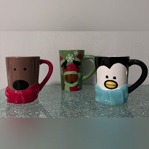 Christmas (Lot of 3) 2 Reindeer & 2 Penguin Large Coffee Mugs ~16 Ounces